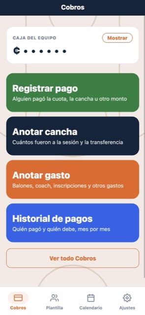 Pantalla de inicio de Hoop con cuatro botones grandes